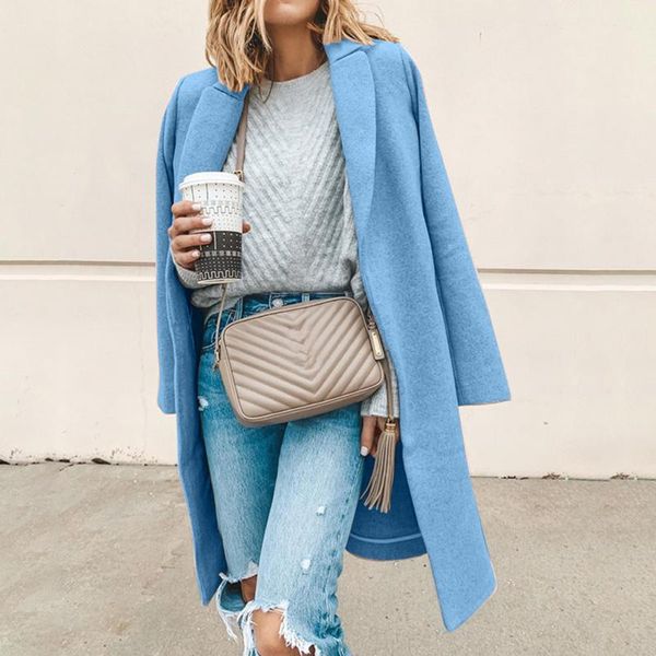 

women's wool & blends women coat warm winter woolen blend faux thin trench jacket ladies slim long overcoat, Black