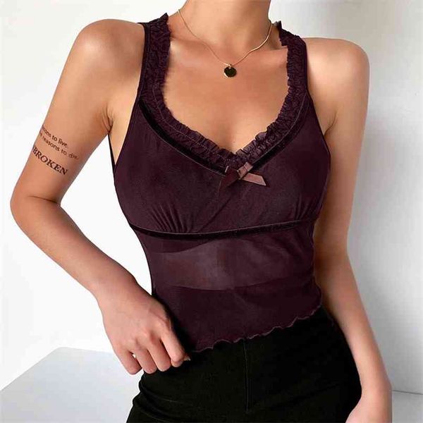 

brown v-neck mesh crop see-through patchwork sleeveless women camisole summer slim elastic cropped 210607, White