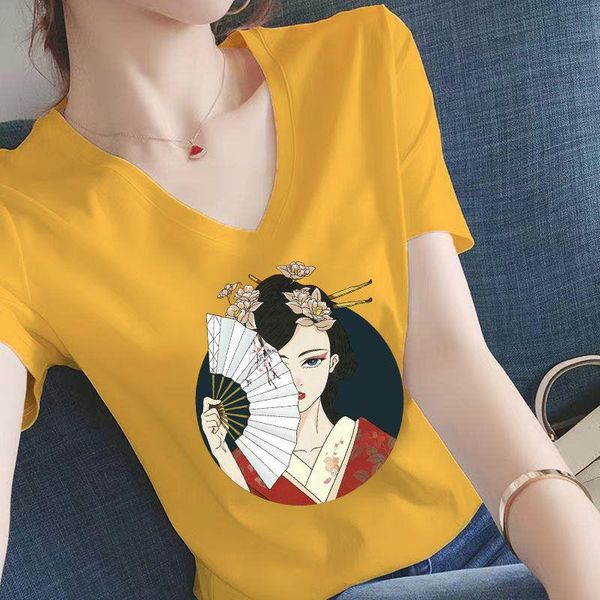 

women's t-shirt cotton short sleeve v-neck loose and versatile half antique top, White