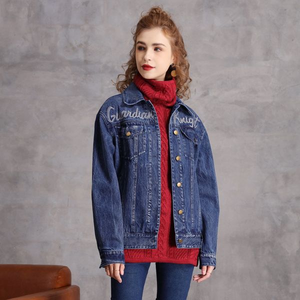 

johnature women denim cotton jackets vintage embroidery floral coats blue button autumn patchwork denim jackets coats 210521, Black;brown
