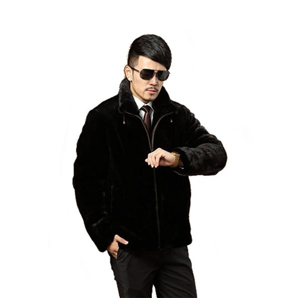

men's fur & faux fhillinuo coat men winter mandarin collar warm soft comfortable mink jacket male outwear zipper, Black