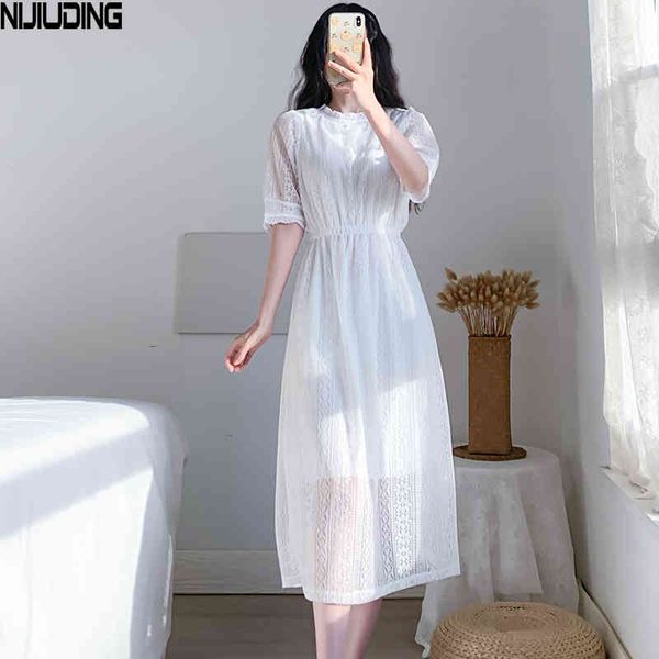 

spring summer lace elegant women dresses short sleeve square collar chic party white dress with lining mujer vestidos 210514, Black;gray
