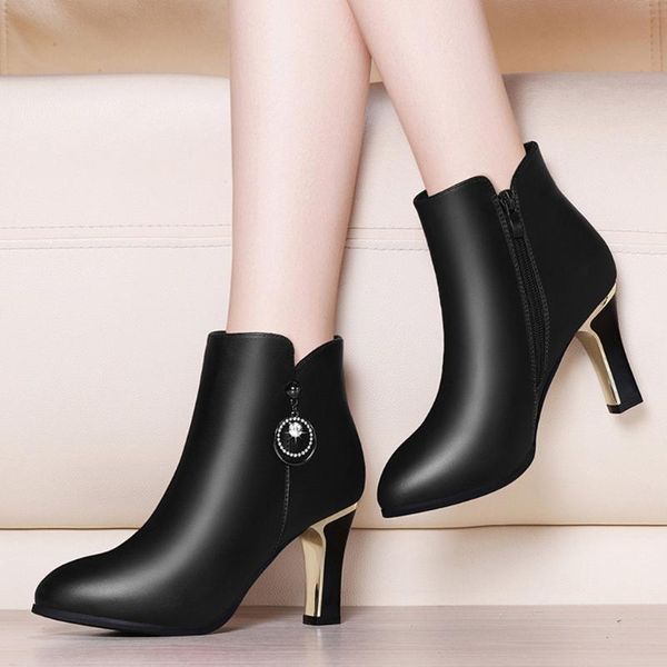 

boots shoes woman fashion women crystal solid square heel pointed toe party, Black