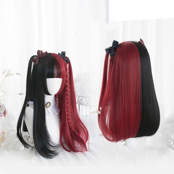 Shankke красная черная блондинка белая синтетическая лолита парики для женщин длинный прямой парик с челкой Genshin воздействие косплей парик Y0903
