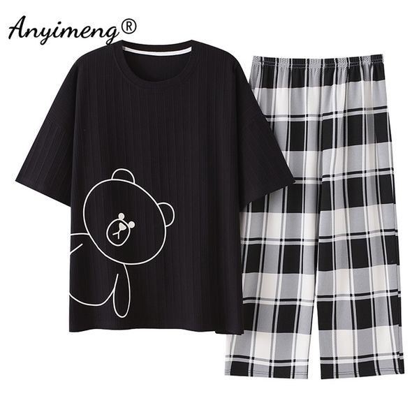 Moda de algodão pijama conjunto mulheres verão manga curta 4xl 5xl grande sleepwear preto urso impresso xadrez calça pijama feminina 210830