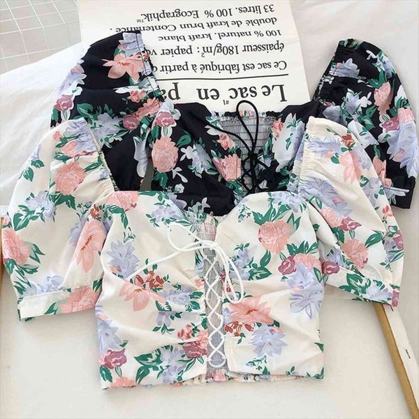 

ins fashion floral print drawstring women blouses short sleeve french vintage bandage lace female blusas, White