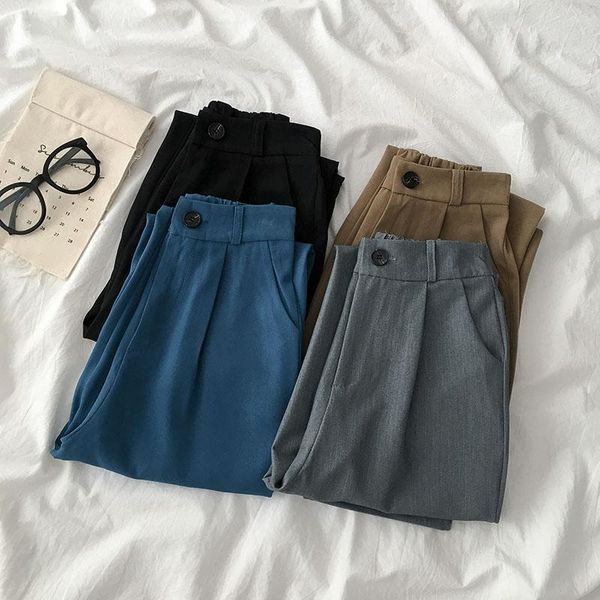 

women's pants & capris vintage casual women autumn 2021 button high waist wide leg ankle length solid office lady quality, Black;white