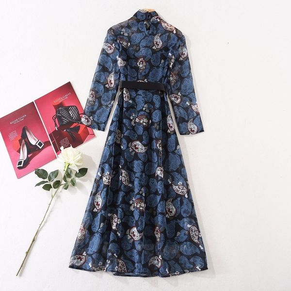 

capris chiffon 2021 spring summer runway style women vintage floral print belt deco long sleeve casual, Black;gray