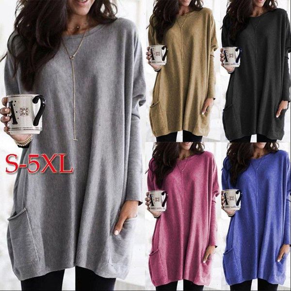 

long sleeved bottoming o neck women shirts pockets solid and casual female clothes plus size 5xl, White