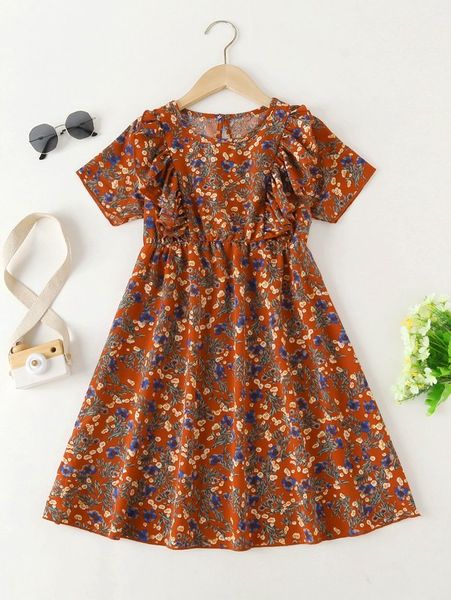 

girls floral print ruffle trim dress she02, Red;yellow