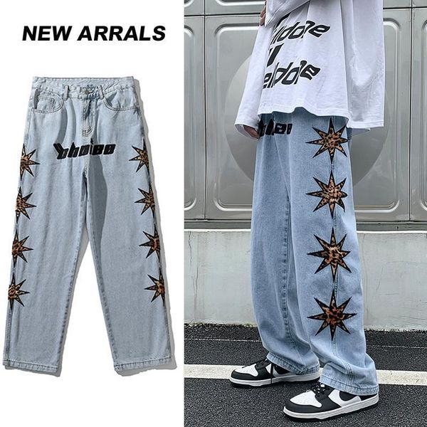 

men's jeans leopard embroidery men baggy loose streetwear pants 2021 hip hop mens oversized women trousers, Blue