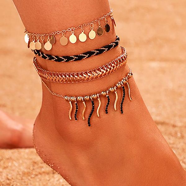 

anklets zhini 4pcs/set fashion beach foot jewelry leg chain for women bohemia sequins pendant ankle beaclet tobilleras mujer, Red;blue
