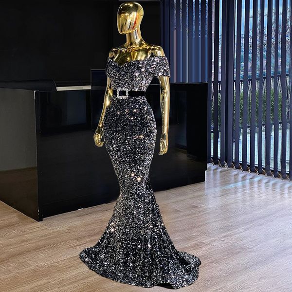 

off the shoulder evening dresses elegant sequins mermaid party dress 2021 vestidos women prom celebrity gowns, Black