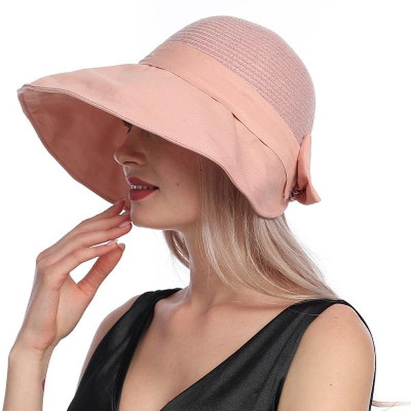 

summer women hats wide brim bowknot sun protection outdoor beach casual pink yellow spring bucket, Blue;gray