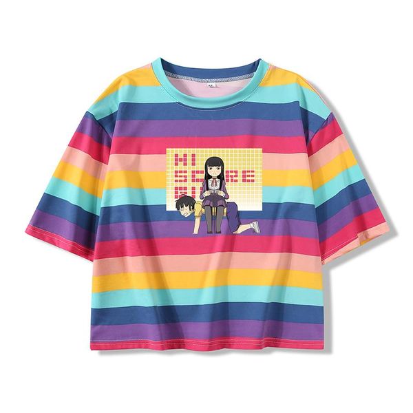 

women's t-shirt anime hi score girl printing pattern rainbow stripes summer clothes for women baggy kpop harajuku all-match crop, White