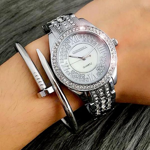 

wristwatches 2021 silver crystal geneva casual quartz watch woman stainless steel dress watches relogio feminino clock, Slivery;brown