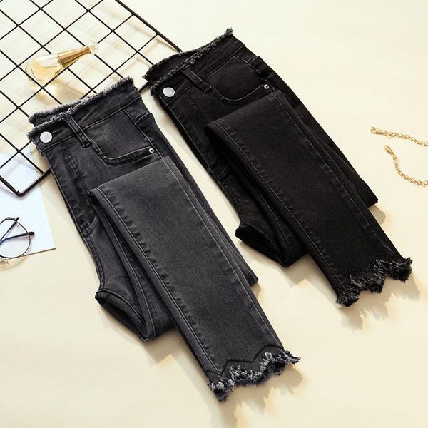 

women's jeans plus size women slim slimming stretch frayed feet pants fashion skinny pencil nine points, Blue