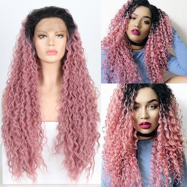 

synthetic wigs aimeya ombre pink lace front for women heat resistant hair curly wig with dark roots cosplay, Black