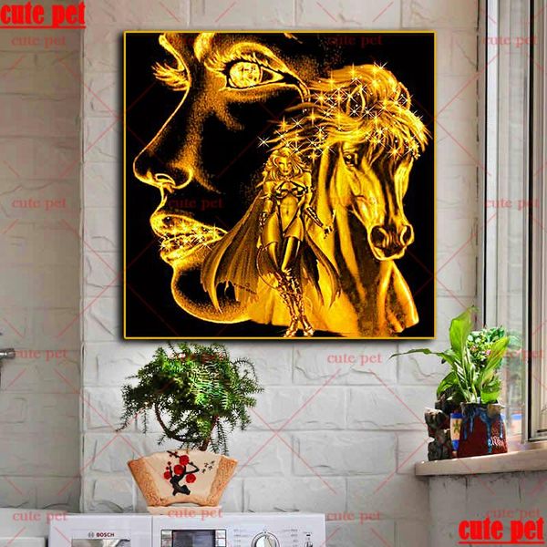 

5d full circular diy diamond painting gold horse and woman embroidery picture of rhinestones mosaic cross stitch decor