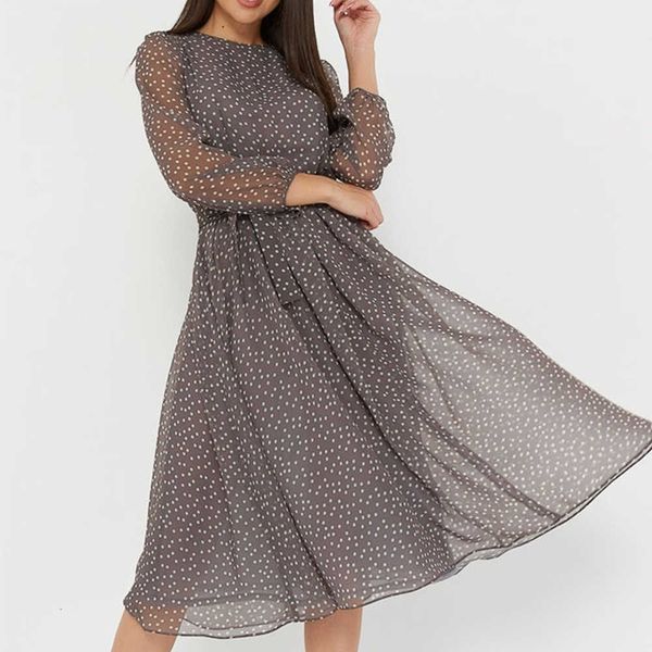 

casual dresses european and american dress female spring with long sleeves around her neck printed belt vintage lace polka-dot dresses all2, Black;gray