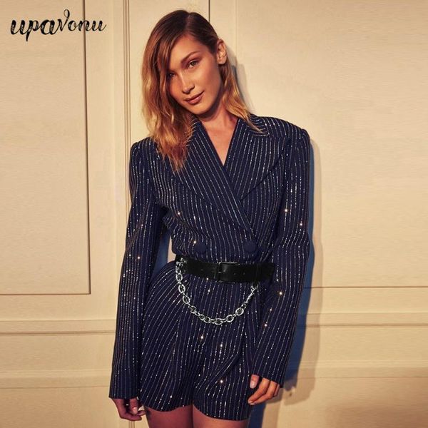 

women's jumpsuits & rompers 2021 spring ladies lapel long sleeve double button belt bodycon striped jumpsuit club party short, Black;white