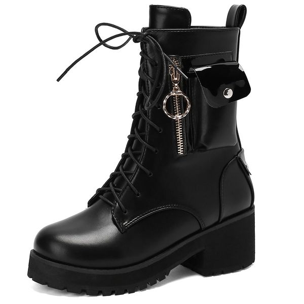 

2022 punk brand new ins high square heel platform round toe zip women shoes fashion ankle boots plus size 34-47, Black