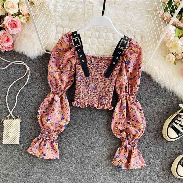 

women spring autumn blouse all-match retro jacket square collar puff sleeve slim fit short floral shirt female c022 210506, White