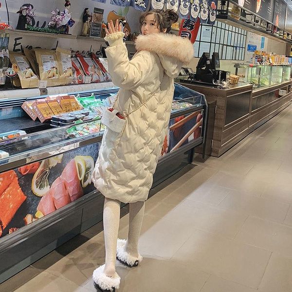 

woman jacket parkas coat women's snowflake embroidered long large fur collar cotton baggy veste femme down, Black