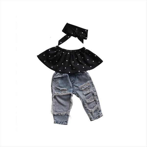 

fashion summer clothes sets infant girls sleeveless pullover off shoulder polka dot black shirt denim pant haedband, White