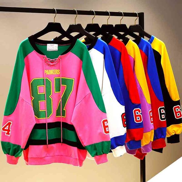 

new women's wear in spring autumn long sleeve korean loose and versatile color matching lace up letter printed t-shirt, Black