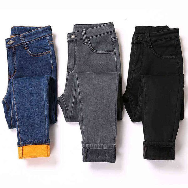 Jeans donna autunno inverno caldi piedi legati ispessimento pantaloni elastici in velluto pantaloni pantaloni casual moda taglie forti 211129