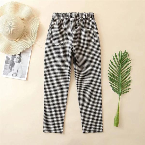 

women's pants & capris women summer casual cotton plaid long 2021 female frenulum elastic high waits loose black trousers femme, Black;white