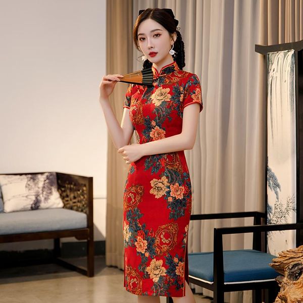 

ethnic clothing red mandarin collar satin qipao print flower bride wedding party dress gown women cheongsam vintage high split vestidos