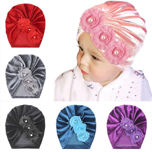 

caps & hats born baby turban hat autumn winter chiffon flower pearl infant kids beanies cap solid color velvet warm soft girls bonnet, Yellow