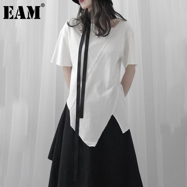 

[eam] women white asymmetrical casual solid color t-shirt round neck half sleeve fashion spring summer 1dd8317 21512