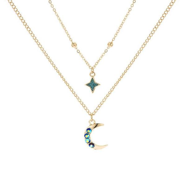 

fashion necklace double chain star moon pendant women's girl colorful stone valentine's day gift necklaces, Silver