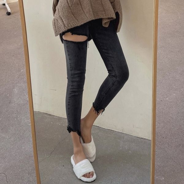 

jeans korean style irregular tassel hem high waist women holes denim trousers casual pencil ny ripped jeans n1n2 00xf, Blue