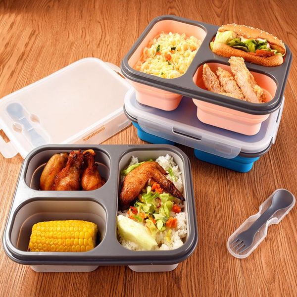 

dinnerware sets 3grids folding 1100ml silicone lunch box portable office school fresh-keeping 24.5x18.5cm drop