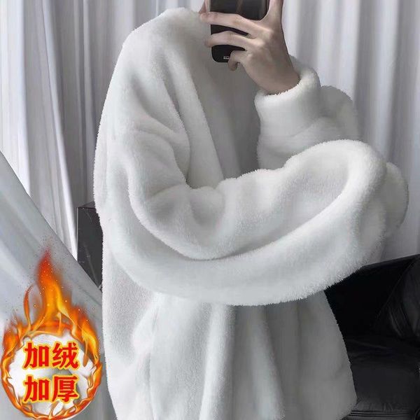 

men's hoodies & sweatshirts fleece sweatshirt lamb wool pullover o neck long sleeve winter clothing solid warm hoodie thick lounge wear, Black