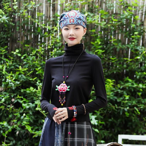 

chinese style clothing women turtleneck soild color vintage clothes 2021 fall new long sleeve female black t-shirts 12527, Red