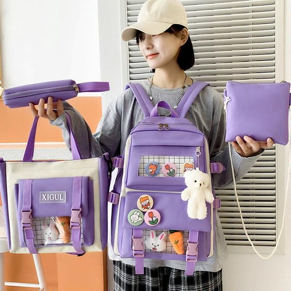 Schultaschen 4-teiliges Set Kawaii Damenrucksack Niedlich hoch für Teenager-Mädchen 2021 Canvas Travel Student Schultasche