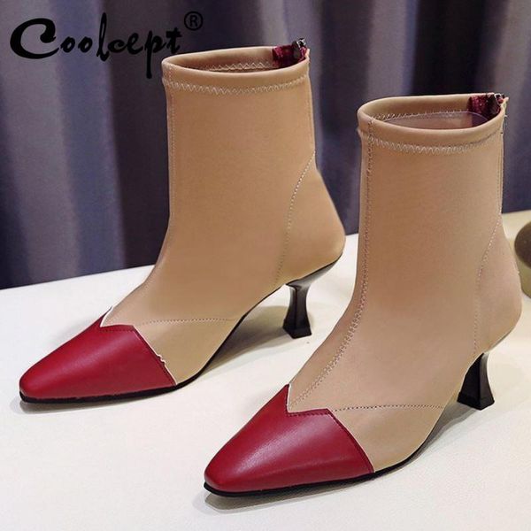 

boots coolcept women's ankle shoes thin high heels mixed color ins short boot winter office lady female footwear size 35-42, Black