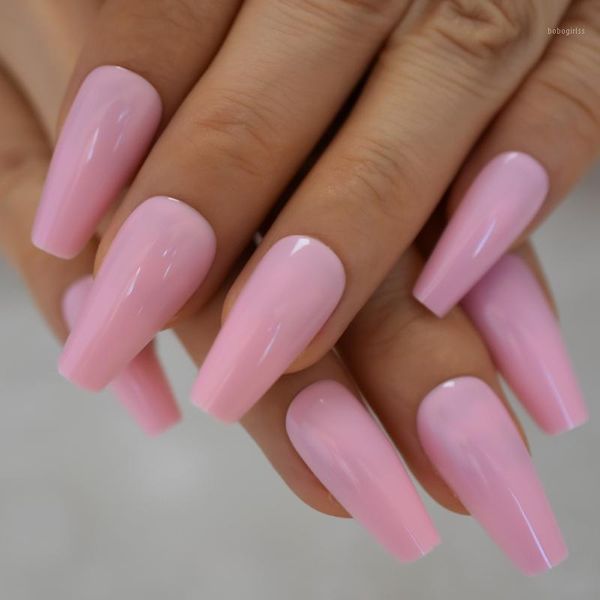 

long glossy baby pink ballet ballerina press on fake art nails coffin salon false tips extension tool jelly tape1, Red;gold