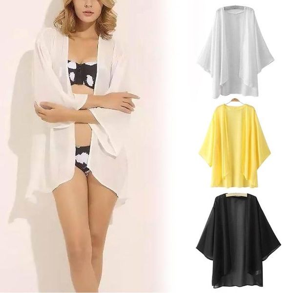 

summer women chiffon solid color open front kimono bikini cover up cardigan coat sunscreen loose blouse women's blouses & shirts, White