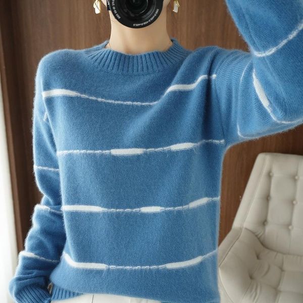 

women's sweaters autumn striped knitted sweater 100% pure wool round neck long-sleeved cashmere thick warm loose bottoming top, White;black
