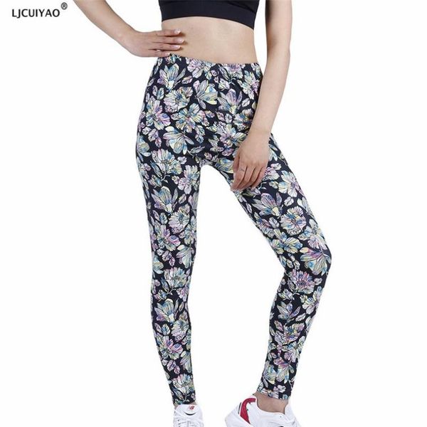 

women's leggings ljcuiyao high waist push up sport women fitness running gym yellow pink flower ankle-length pants polyester trousers, Black