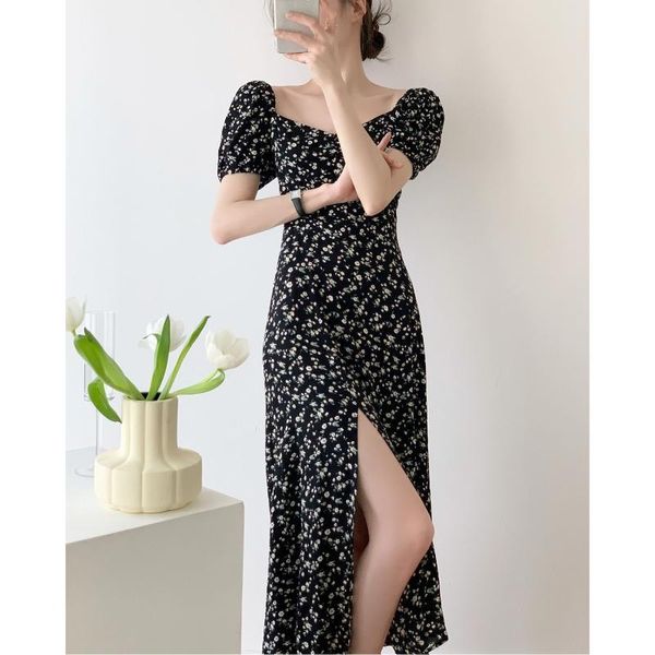 

casual dresses french light luxury design sense black-and-white floral dress women's 2021 summer style square collar niche tea break spl, Black;gray
