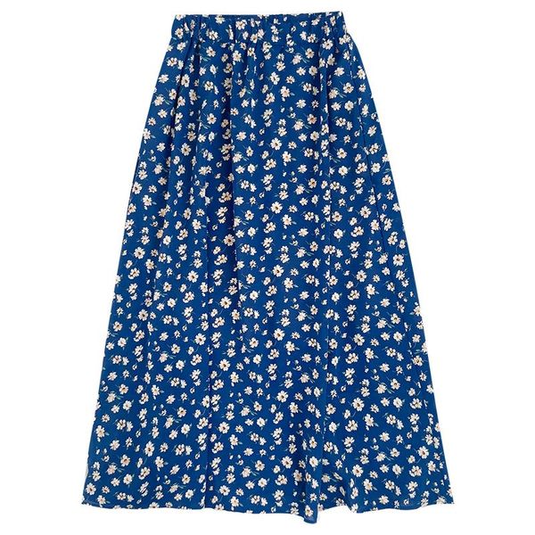 

retro blue daisy floral summer elastic high waist loose simple wind all-match skirt skirts, Black