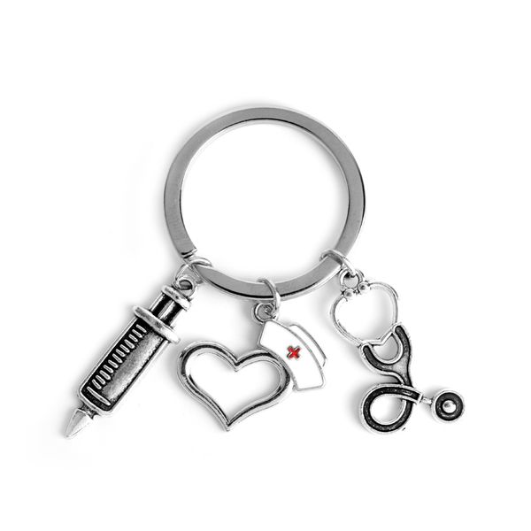 

hanchang fashion key chain cylinder stethoscope keychain mini cartoon syringe heart keychain family health doctor nurse memorial, Silver