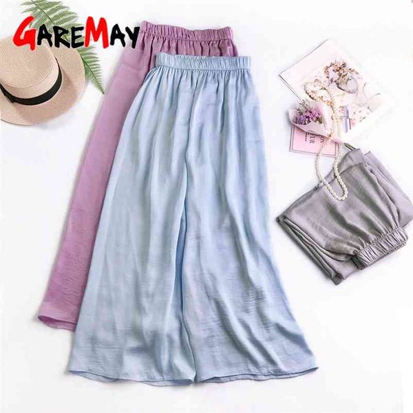 

casual pants women summer loose wide leg trousers satin silk capri elastic waist women's high beach 210428, Black;white